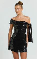Ace Mini Dress - Sequin Off Shoulder Tie Detail Dress in Black