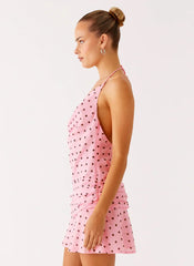 Cyna Cowl Mini Dress - Strawberry Dot