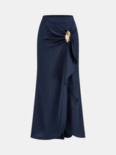 Asymmetric Ruffle Metal Detail Satin Maxi Skirt