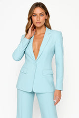 Ladies Plunging Trouser Suit Set – Single-Button Blazer, Straight-Leg