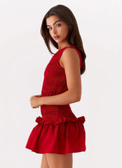 Garden Kisses Shirred Mini Dress - Red