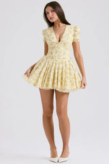 buttercup vintage floral print pleated cotton mini dress