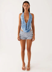 Rio Dreams Cowl Neck Halter Top - Blue