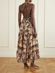 Embellished printed shirred tiered georgette halterneck midi dress