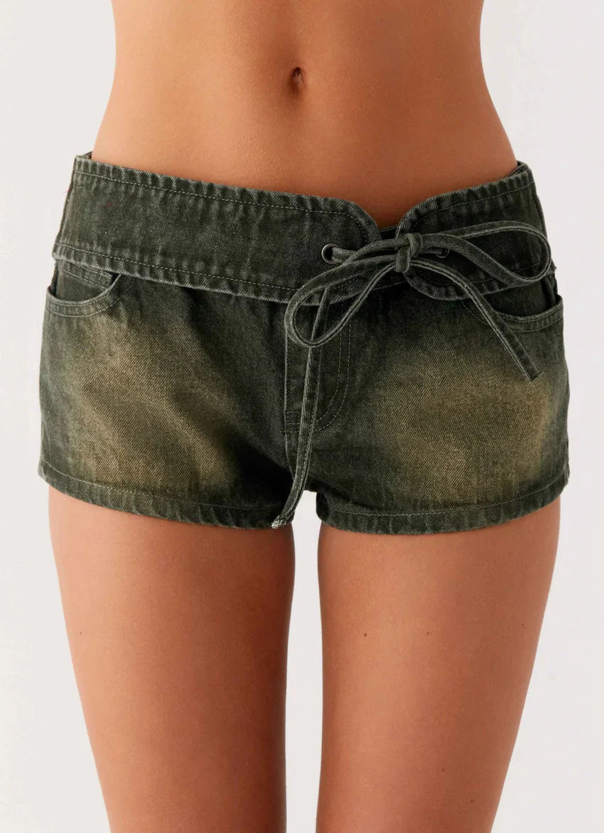 Vivia Denim Micro Shorts - Washed Khaki