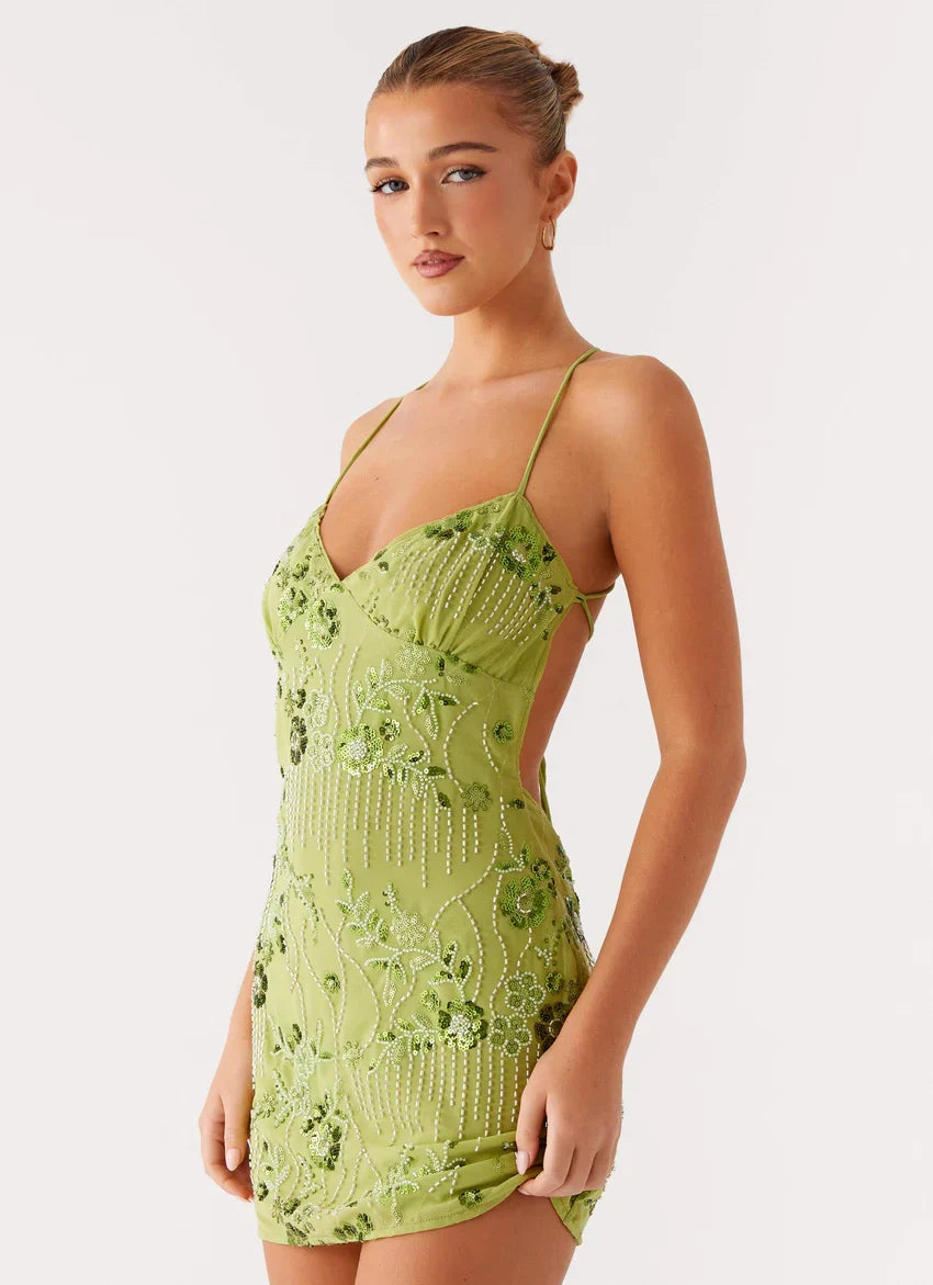 Vietta Sequin Cami Micro Mini Dress - Lime