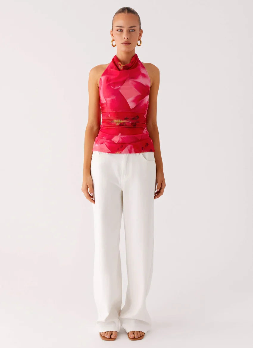 Delany Halter Top - Peach Watermelon Flower