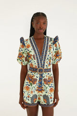 Light Green Floral Delhi Tapestry Belted  Romper