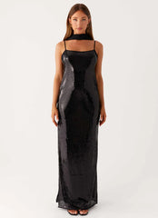 Scarf Neck Sequins Maxi Dress - Black