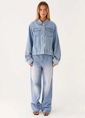 Back Again Oversized Denim Jacket - Light Wash Blue