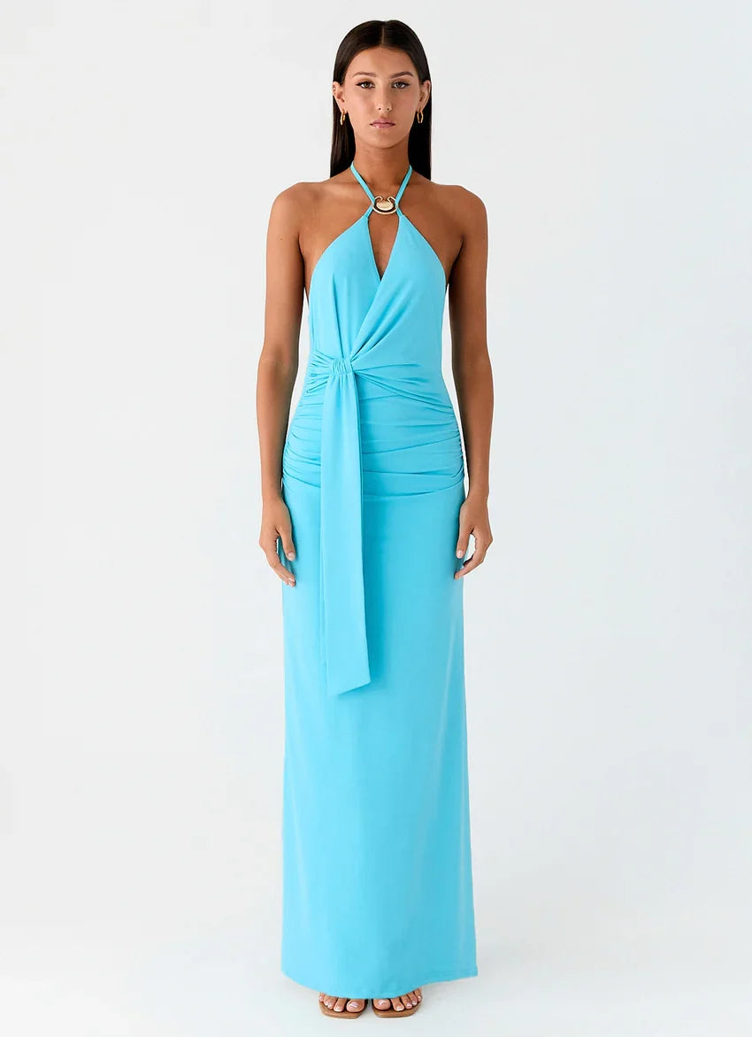 Dare Me Halter Maxi Dress - Aqua Blue