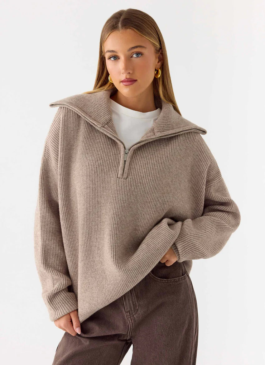 Eirena Quarter Zip Knit Sweater - Tan