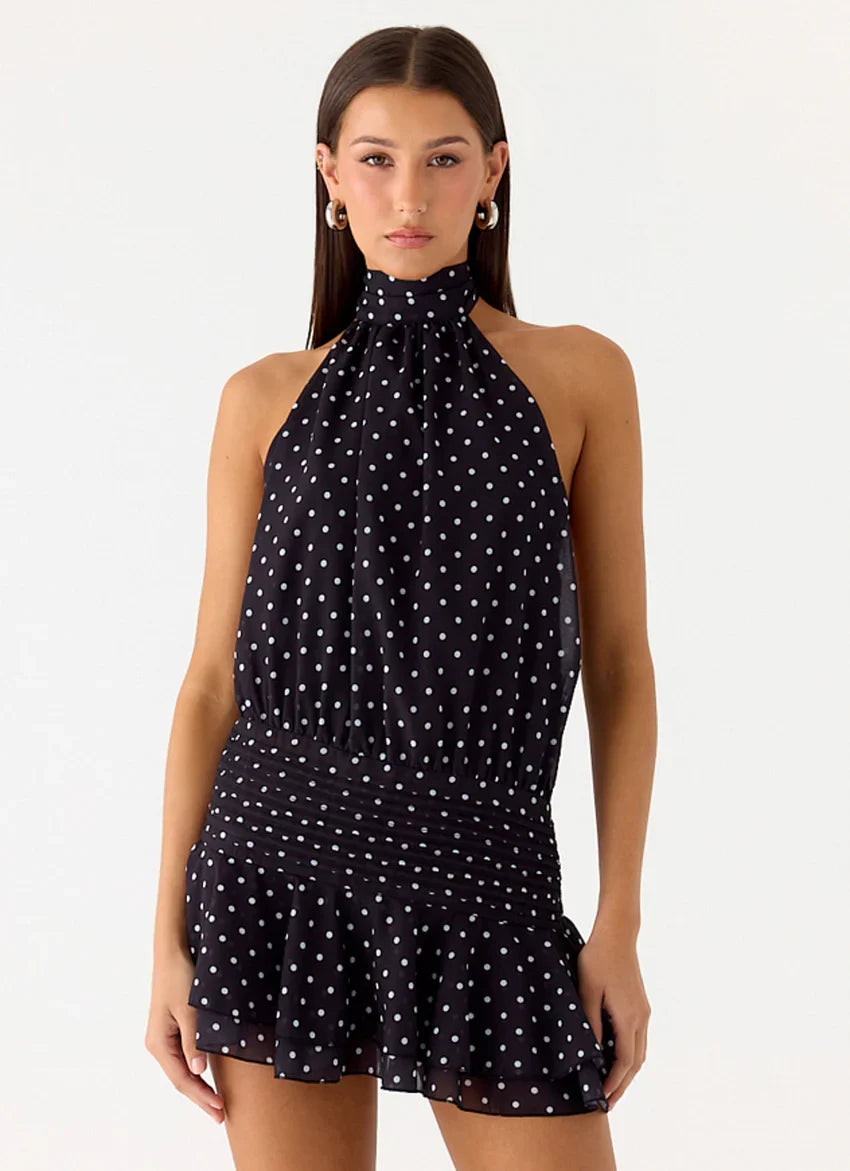 Willow Chiffon Mini Dress - Black Polkadot