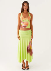Liana Ruched Maxi Skirt - Green Tropical